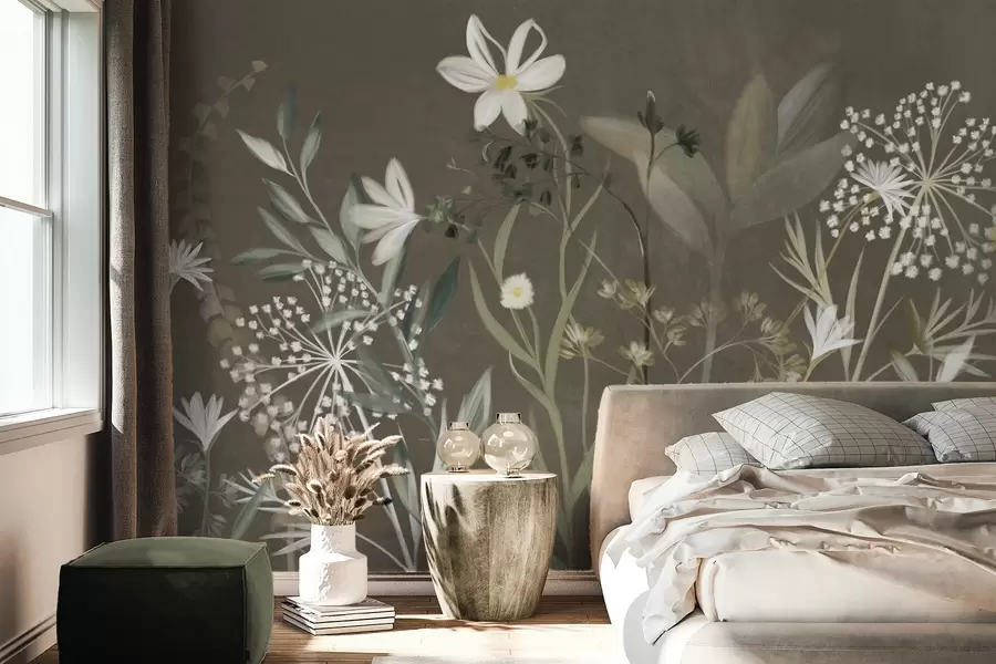 wall murals Нежно текстурирано дивље цвеће и лишће у пригушеним зеленим и крем тоновима на смеђој позадини w09641v1