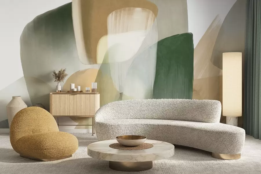 wall murals Апстрактни текстурирани облици у пригушеним зеленим и беж бојама, са меким ивицама и преклапајућим слојевима w09642