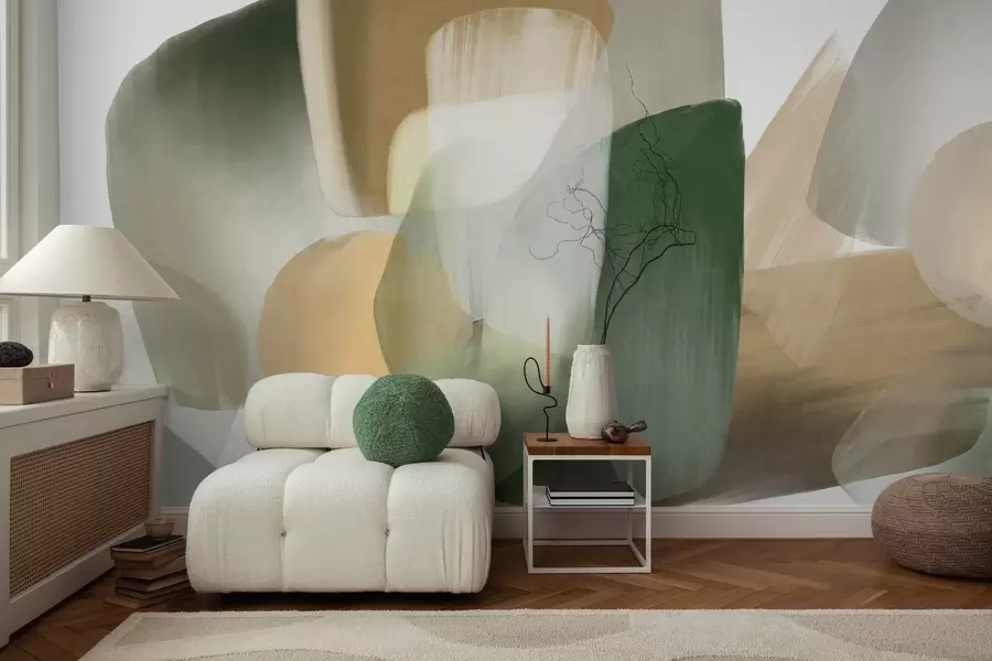 wall murals Апстрактни текстурирани облици у пригушеним зеленим и беж бојама, са меким ивицама и преклапајућим слојевима w09642