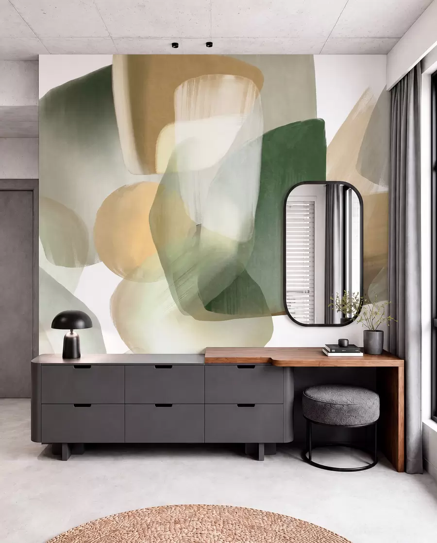 wall murals Апстрактни текстурирани облици у пригушеним зеленим и беж бојама, са меким ивицама и преклапајућим слојевима w09642
