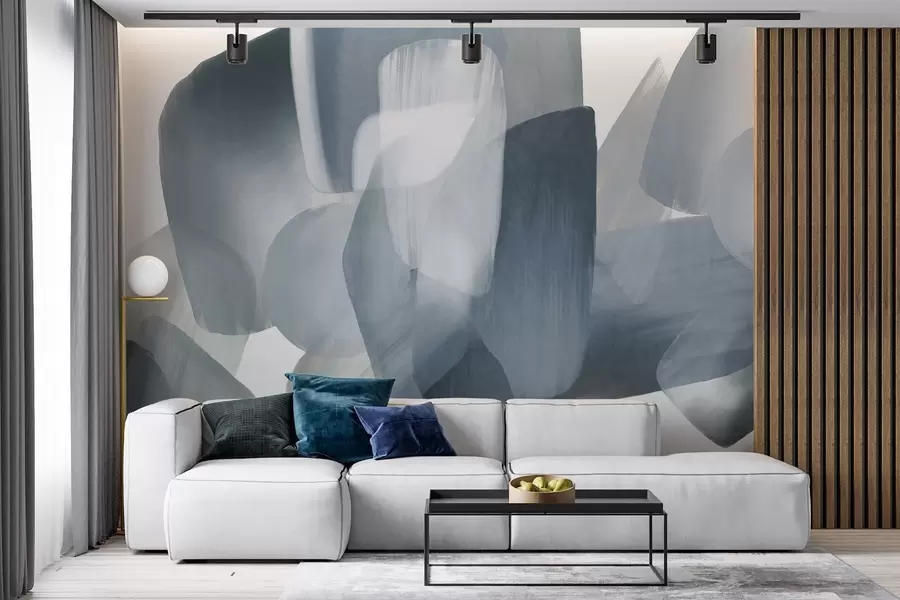 wall murals Апстрактни текстурирани облици у пригушеним плавим и сивим бојама, са меким ивицама и преклапајућим слојевима w09642v1