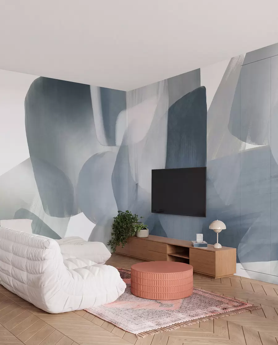 wall murals Апстрактни текстурирани облици у пригушеним плавим и сивим бојама, са меким ивицама и преклапајућим слојевима w09642v1