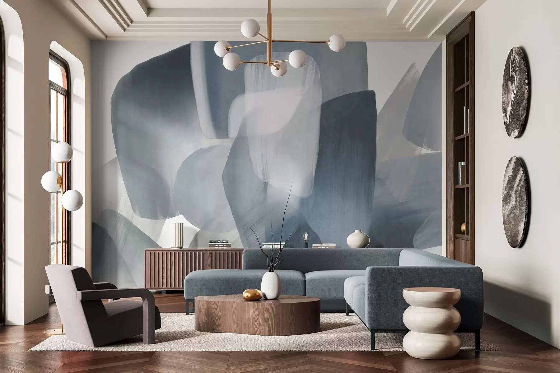 wall murals Апстрактни текстурирани облици у пригушеним плавим и сивим бојама, са меким ивицама и преклапајућим слојевима w09642v1