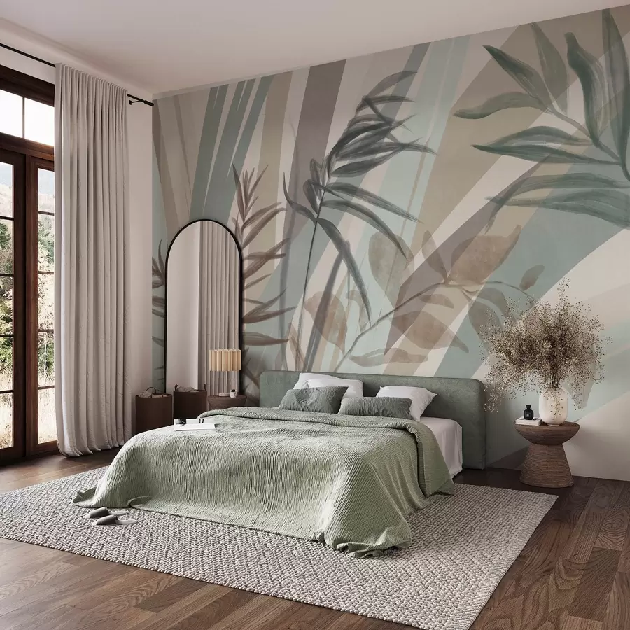 wall murals Висока текстурирана трава и лишће у пригушеним земљаним тоновима, са апстрактним линијама у позадини, стварајући органски отисак w09643