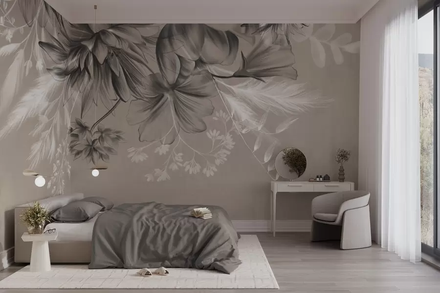 wall murals Текстурирано цвеће и папрати у нијансама тамно сиве и беле на пригушеној беж позадини у стилу цртања w09644