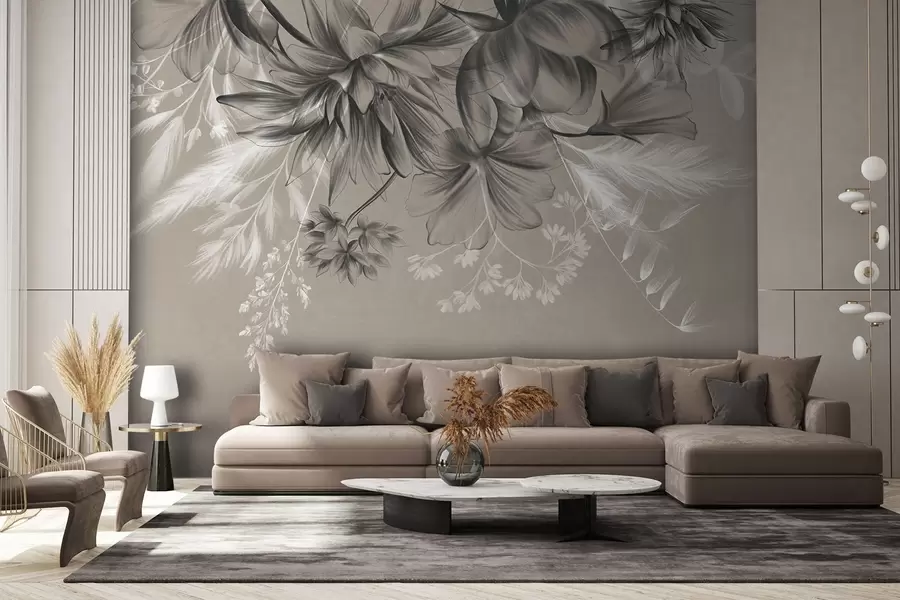 wall murals Текстурирано цвеће и папрати у нијансама тамно сиве и беле на пригушеној беж позадини у стилу цртања w09644