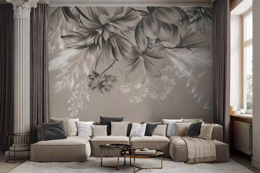 wall murals Текстурирано цвеће и папрати у нијансама тамно сиве и беле на пригушеној беж позадини у стилу цртања w09644