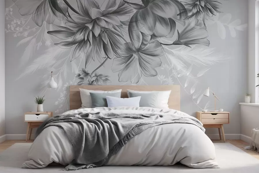 wall murals Текстурирано цвеће и папрати у нијансама тамно сиве и беле на пригушеној сивој позадини, стил цртања w09644v1