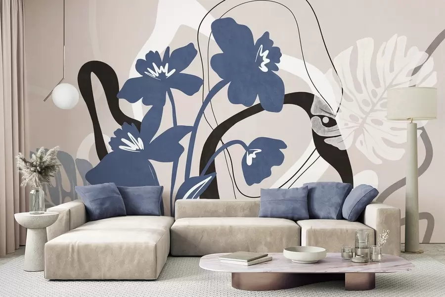 wall murals Апстрактно текстурирано плаво цвеће са белим и црним облицима на светло беж позадини, минималистичка уметност w09645