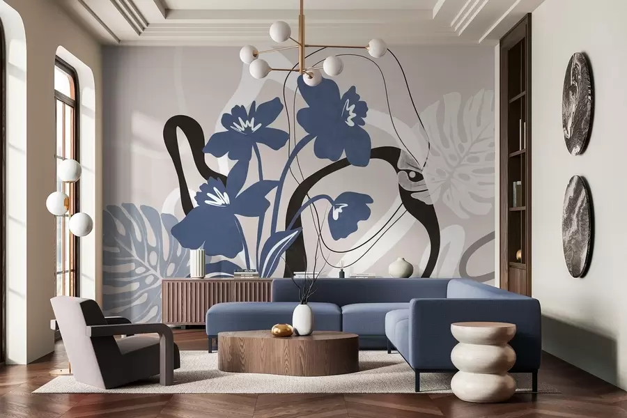 wall murals Апстрактно текстурирано плаво цвеће са белим и црним облицима на светло беж позадини, минималистичка уметност w09645