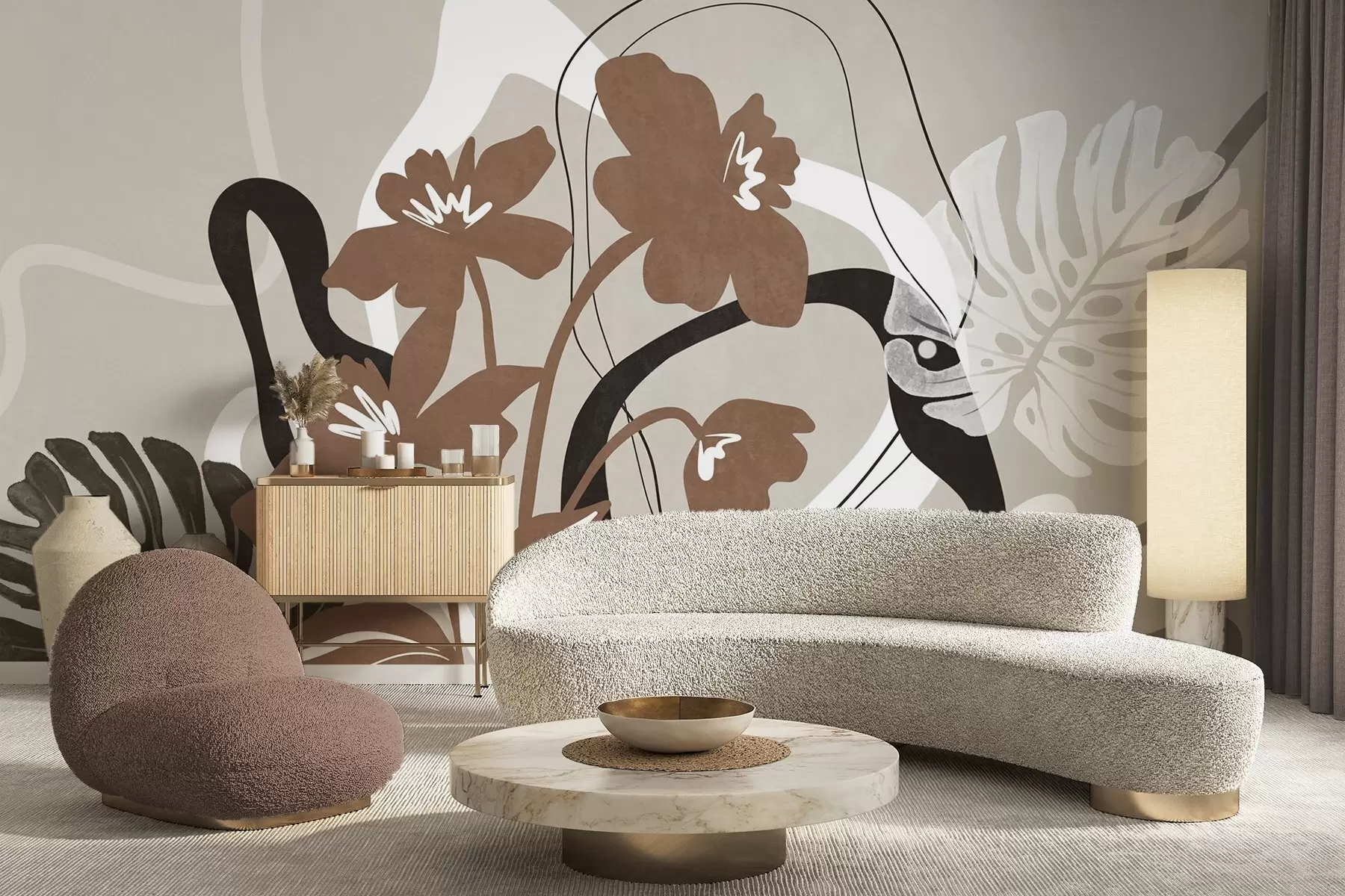 wall murals Апстрактно текстурирано смеђе цвеће са белим и црним облицима на беж позадини, минималистичка уметност w09645v1