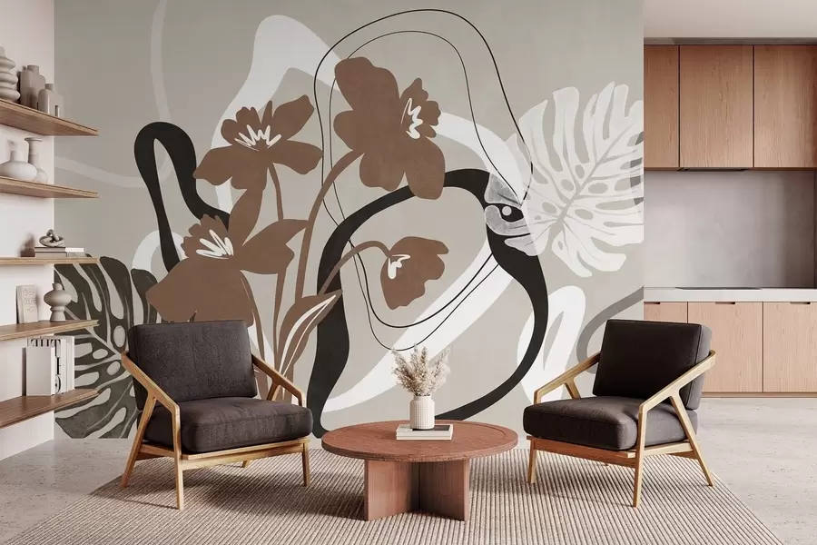 wall murals Апстрактно текстурирано смеђе цвеће са белим и црним облицима на беж позадини, минималистичка уметност w09645v1