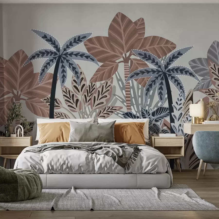 wall murals Текстуриране тропске биљке и палме са пригушеним бојама у декоративном бохо стилу на сивој позадини w09639v1