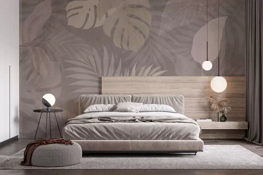 wall murals текстурирано тропско лишће на сивој позадини w05063v1