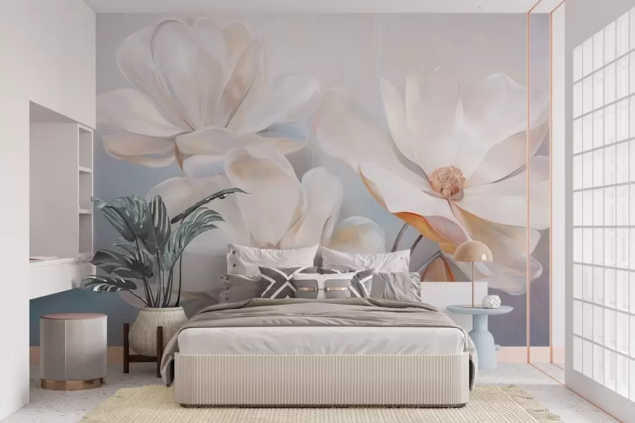 wall murals Бели фантастични цветови магнолије са нежним текстурираним латицама, мека, апстрактна позадина w09373