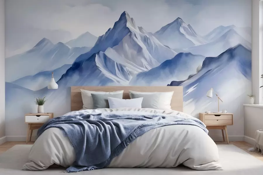 wall murals Текстуриране снежне планине са меким, акварелним ефектом и палетом плаве и беле боје w09630
