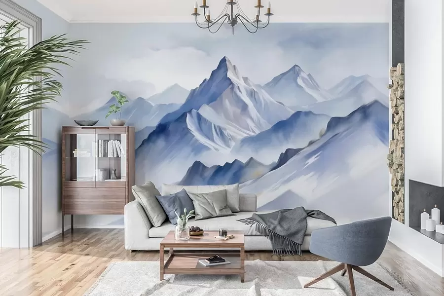 wall murals Текстуриране снежне планине са меким, акварелним ефектом и палетом плаве и беле боје w09630