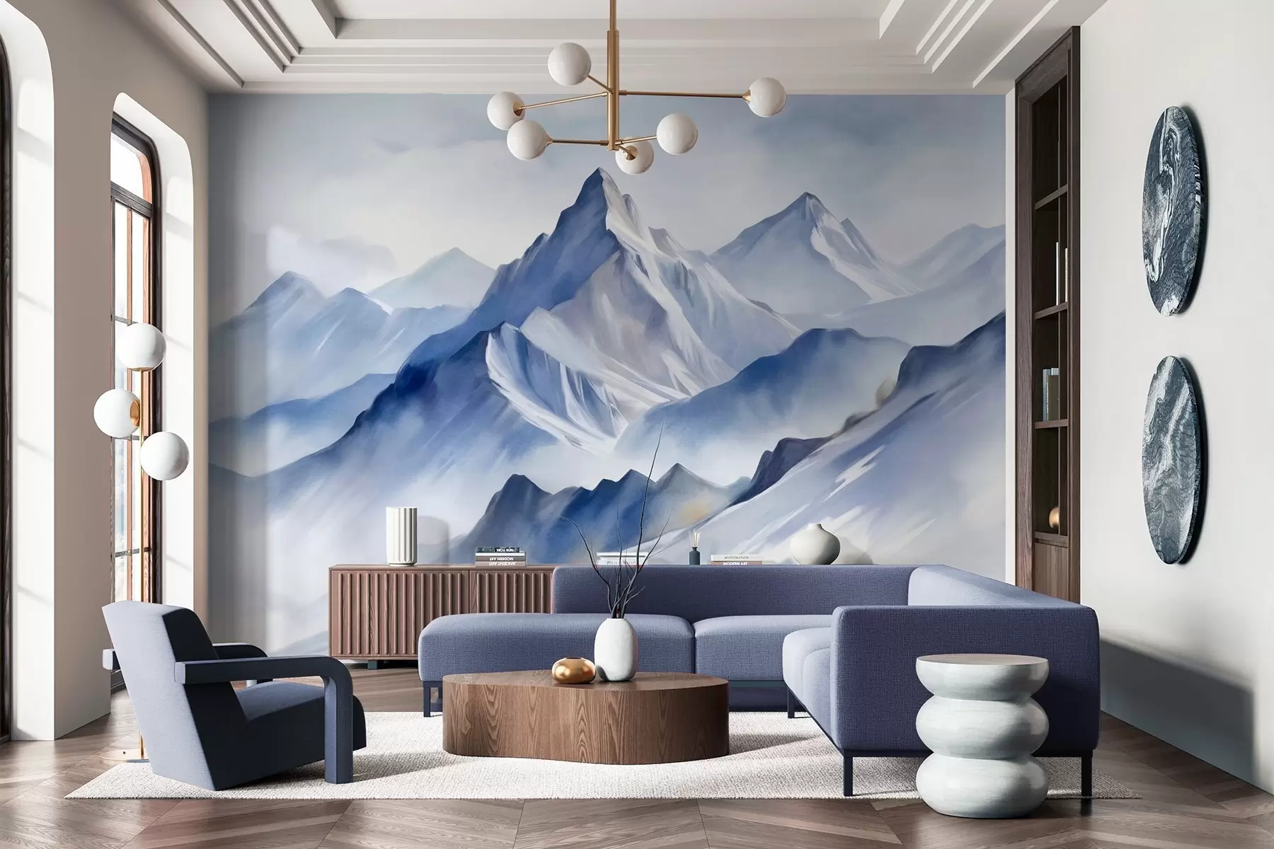 wall murals Текстуриране снежне планине са меким, акварелним ефектом и палетом плаве и беле боје w09630