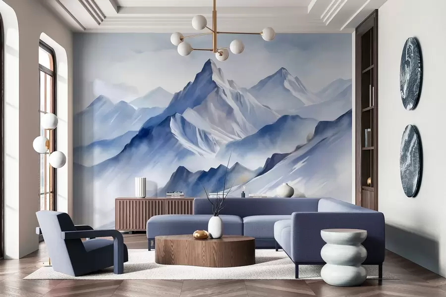 wall murals Текстуриране снежне планине са меким, акварелним ефектом и палетом плаве и беле боје w09630