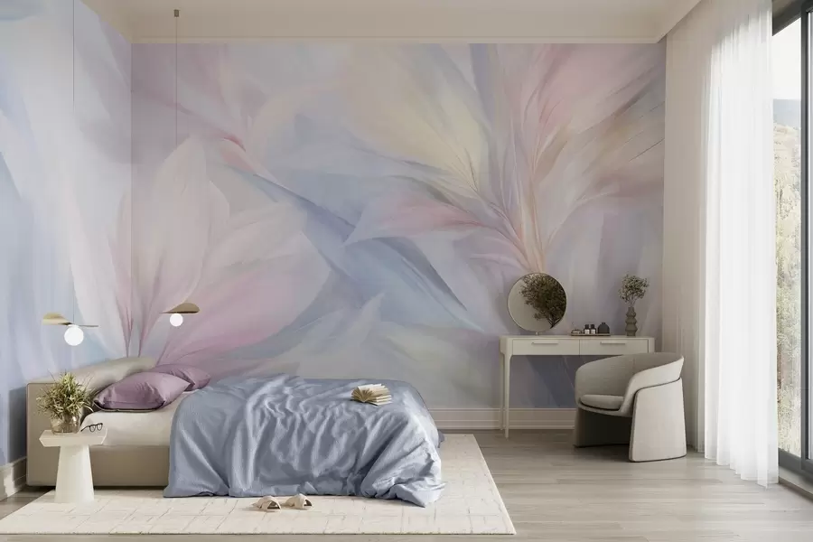 wall murals Меко, пастелно обојено лишће и перје у нијансама ружичасте, плаве и жуте, апстрактни и текстурирани отисак w09634