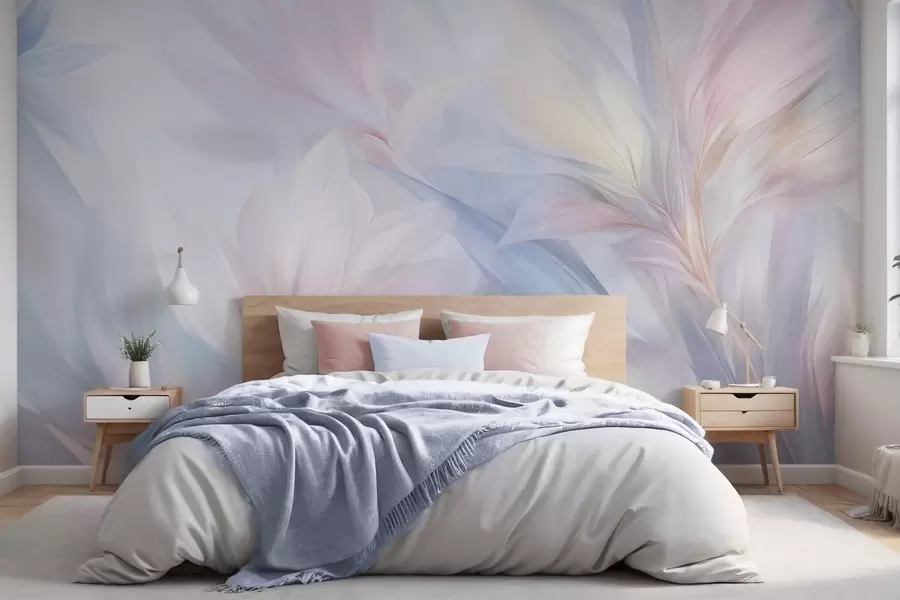 wall murals Меко, пастелно обојено лишће и перје у нијансама ружичасте, плаве и жуте, апстрактни и текстурирани отисак w09634
