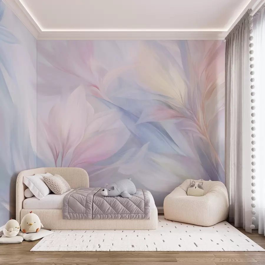wall murals Меко, пастелно обојено лишће и перје у нијансама ружичасте, плаве и жуте, апстрактни и текстурирани отисак w09634