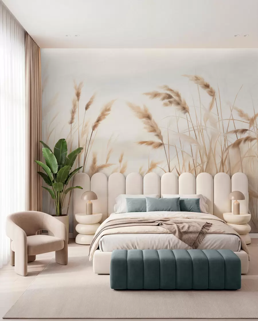 wall murals Висока, текстурирана сува трава са класјевима пшенице на пољу на мекој, бледој позадини w09648