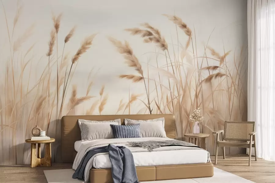 wall murals Висока, текстурирана сува трава са класјевима пшенице на пољу на мекој, бледој позадини w09648
