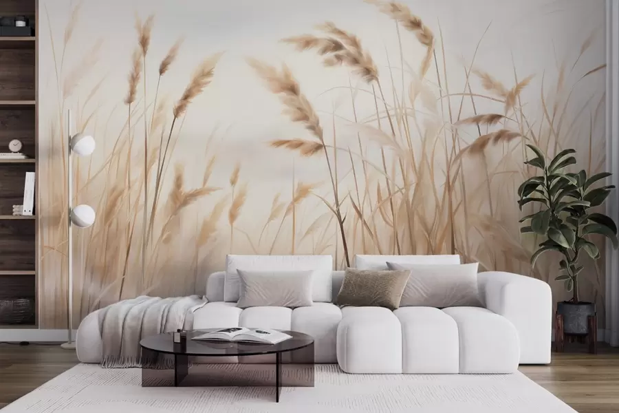 wall murals Висока, текстурирана сува трава са класјевима пшенице на пољу на мекој, бледој позадини w09648