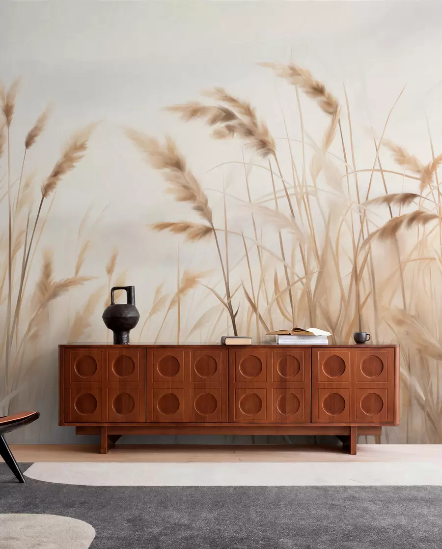 wall murals Висока, текстурирана сува трава са класјевима пшенице на пољу на мекој, бледој позадини w09648
