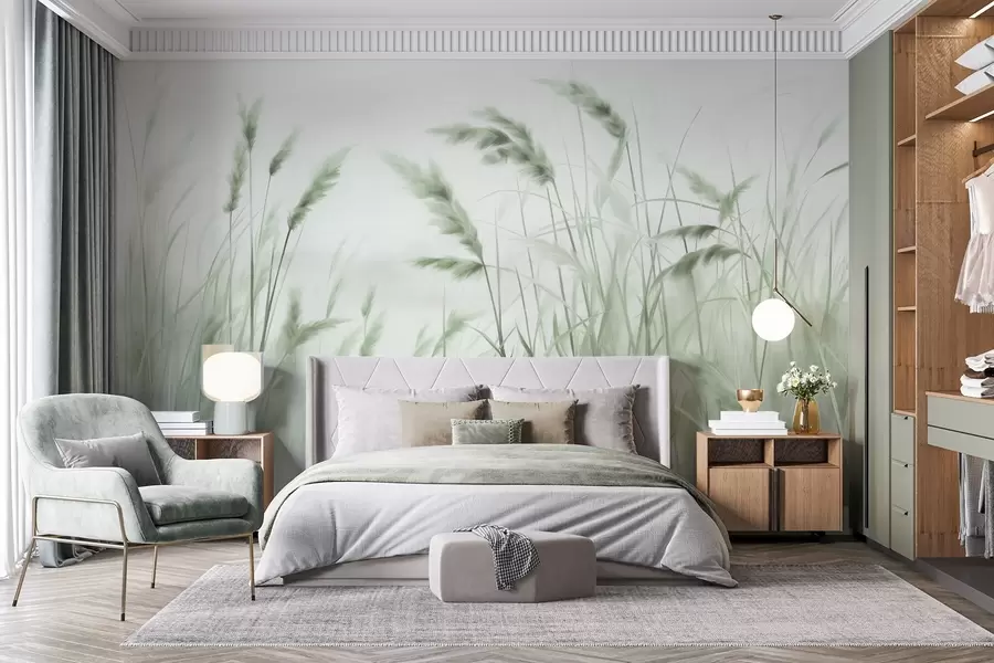 wall murals Висока, текстурирана сува трава са класјевима пшенице на пољу на мекој, бледој позадини w09648v1