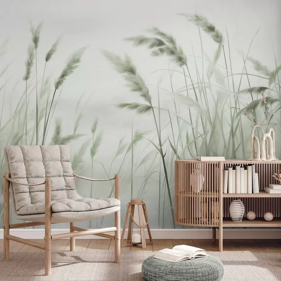 wall murals Висока, текстурирана сува трава са класјевима пшенице на пољу на мекој, бледој позадини w09648v1