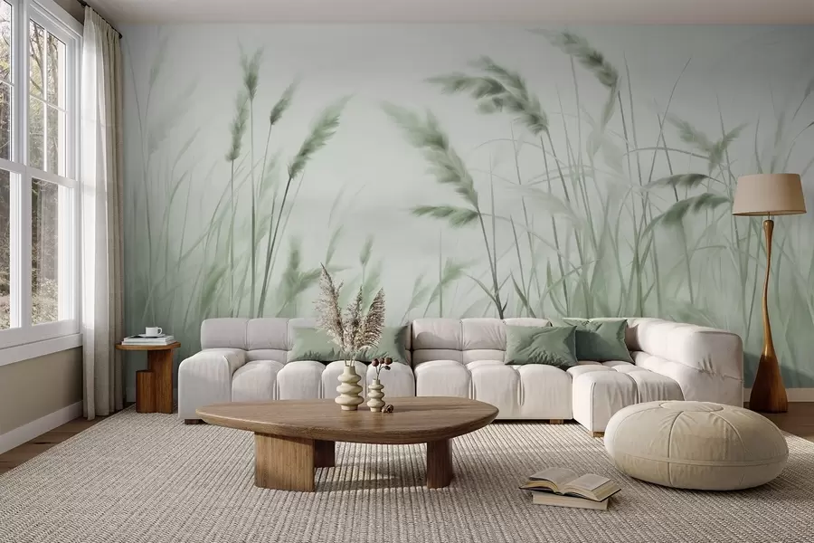 wall murals Висока, текстурирана сува трава са класјевима пшенице на пољу на мекој, бледој позадини w09648v1