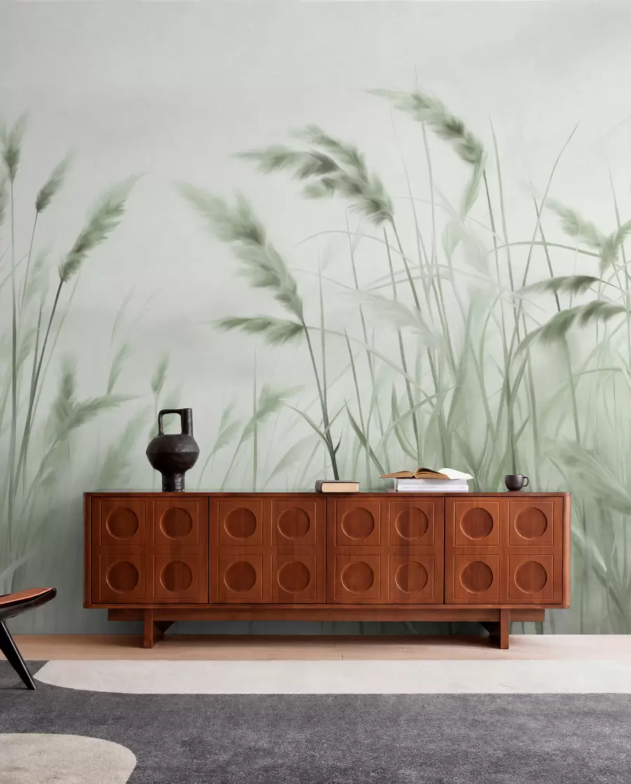 wall murals Висока, текстурирана сува трава са класјевима пшенице на пољу на мекој, бледој позадини w09648v1