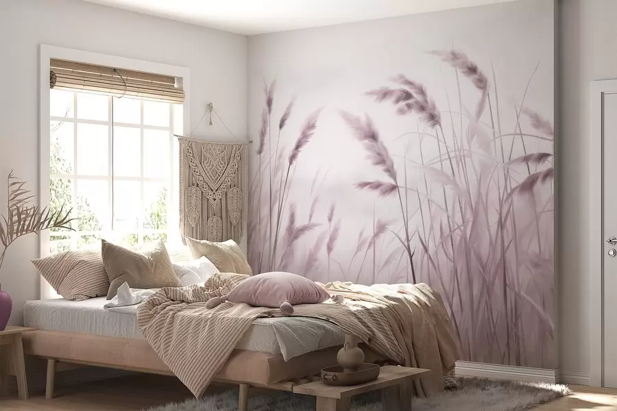 wall murals Висока, текстурирана сува трава са класјевима пшенице на пољу на мекој, бледој позадини w09648v2