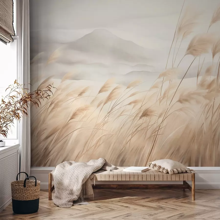 wall murals Текстурирани планински пејзаж са високом, сувом травом под магловитим небом w09649