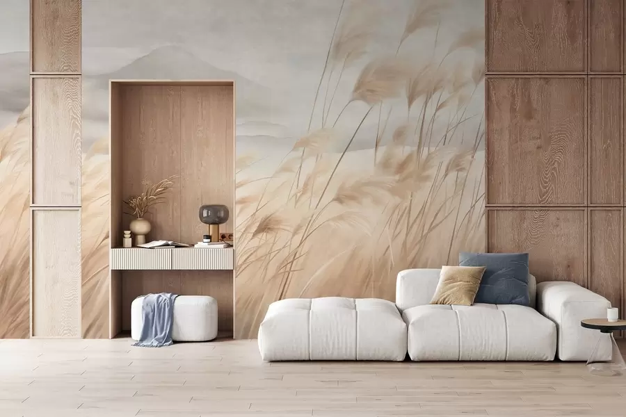 wall murals Текстурирани планински пејзаж са високом, сувом травом под магловитим небом w09649