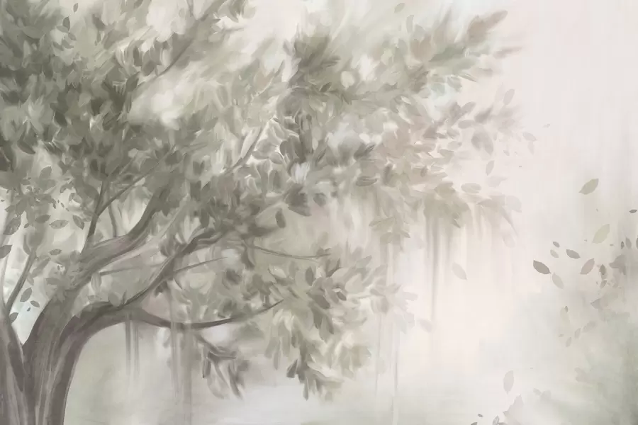 wall murals Текстурирано дрво са светлозеленим листовима и гранама, са меком, магловитом позадином w09650