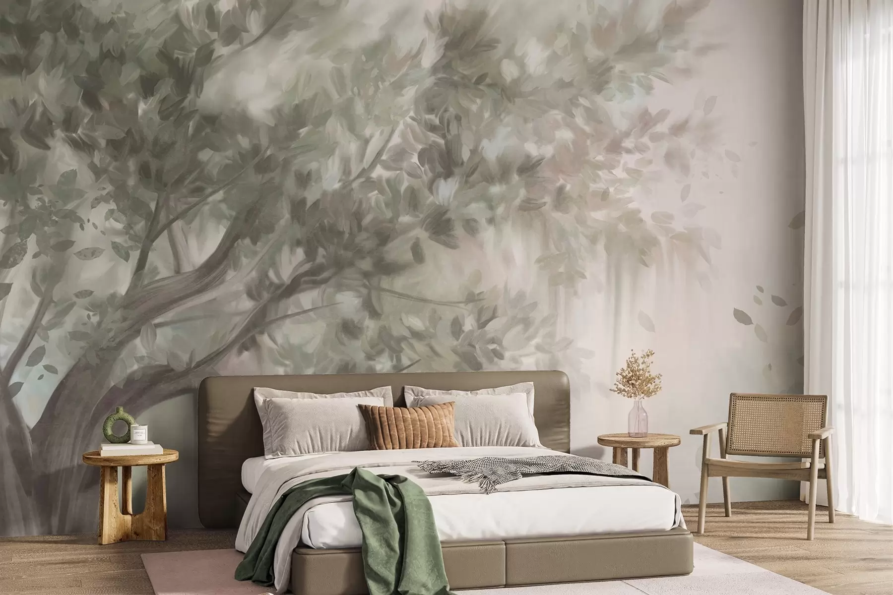 wall murals Текстурирано дрво са светлозеленим листовима и гранама, са меком, магловитом позадином w09650