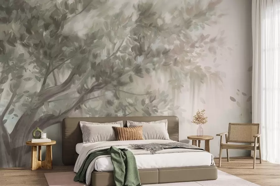 wall murals Текстурирано дрво са светлозеленим листовима и гранама, са меком, магловитом позадином w09650
