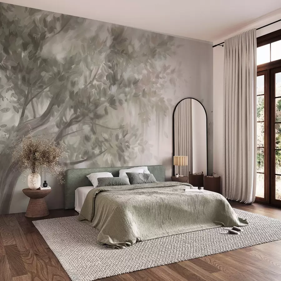 wall murals Текстурирано дрво са светлозеленим листовима и гранама, са меком, магловитом позадином w09650