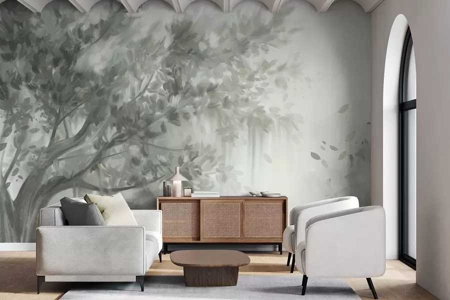 wall murals Текстурирано дрво са зеленим лишћем и гранама, са меком, магловитом позадином w09650v1