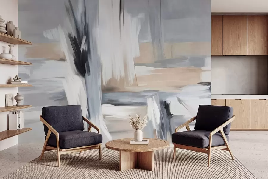 wall murals Апстрактни текстурирани стил сликања са потезима четкице у нијансама беле, сиве и беж w09651