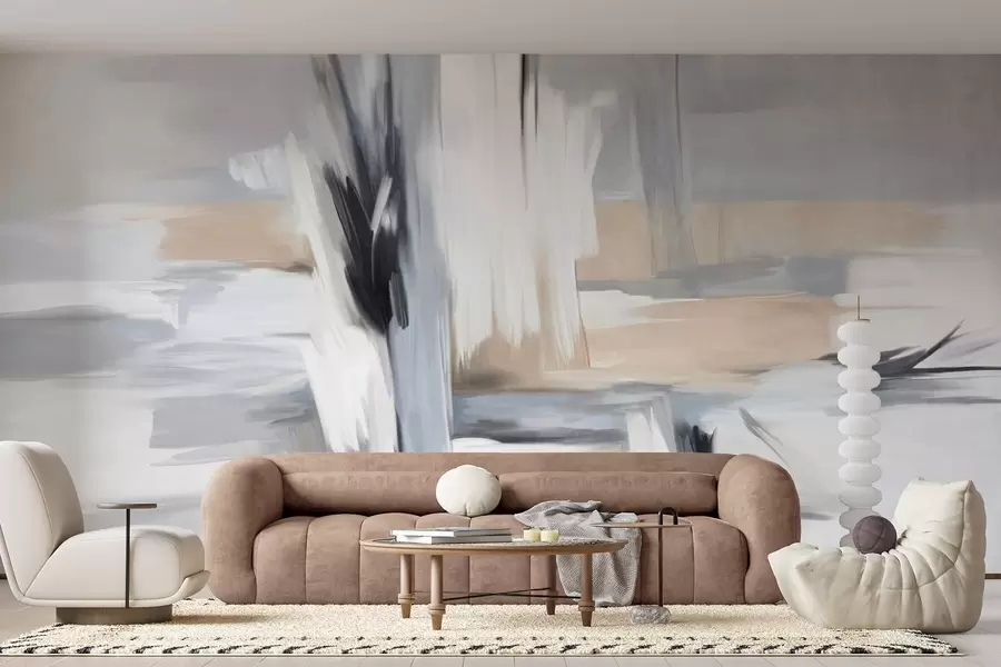 wall murals Апстрактни текстурирани стил сликања са потезима четкице у нијансама беле, сиве и беж w09651