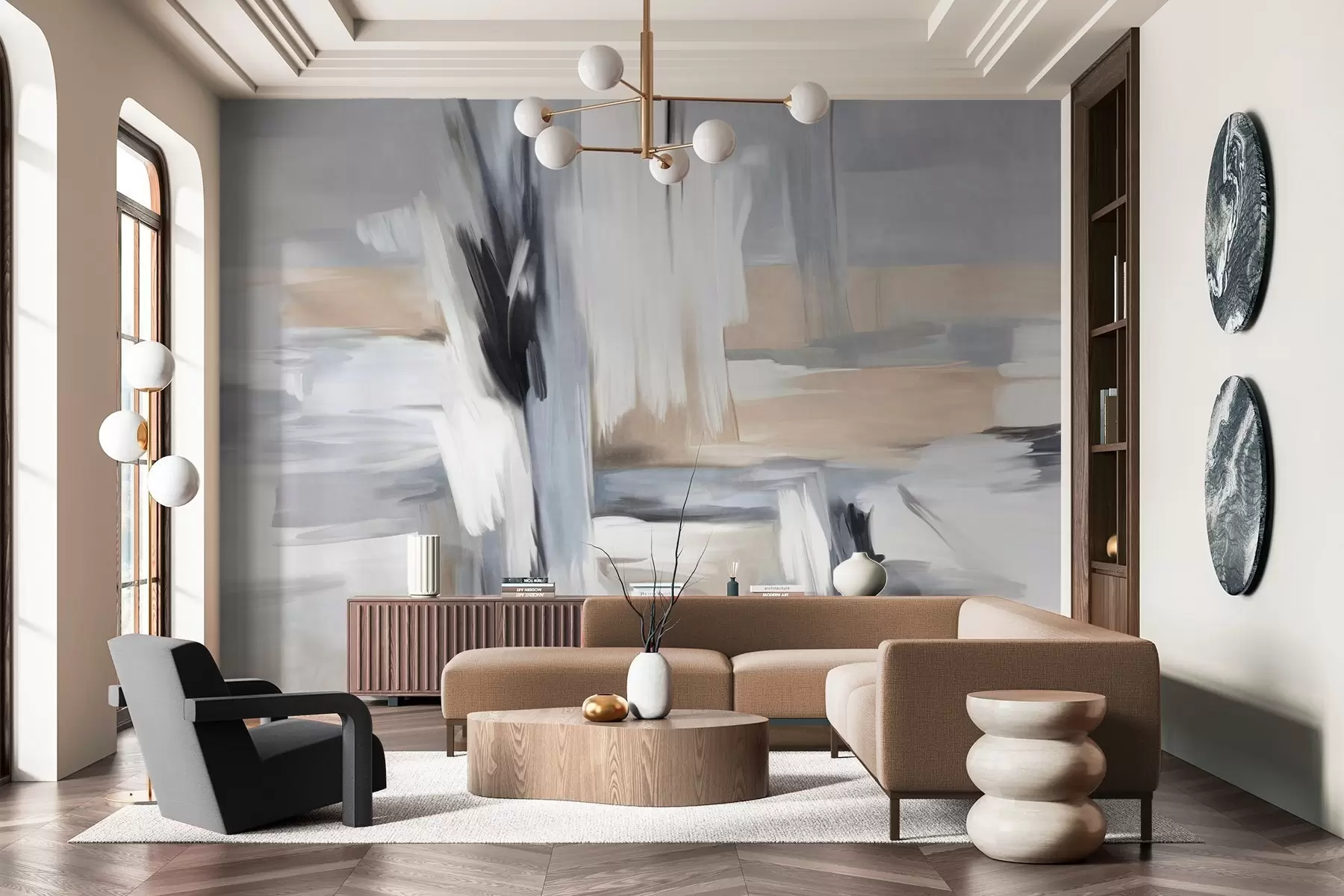 wall murals Апстрактни текстурирани стил сликања са потезима четкице у нијансама беле, сиве и беж w09651