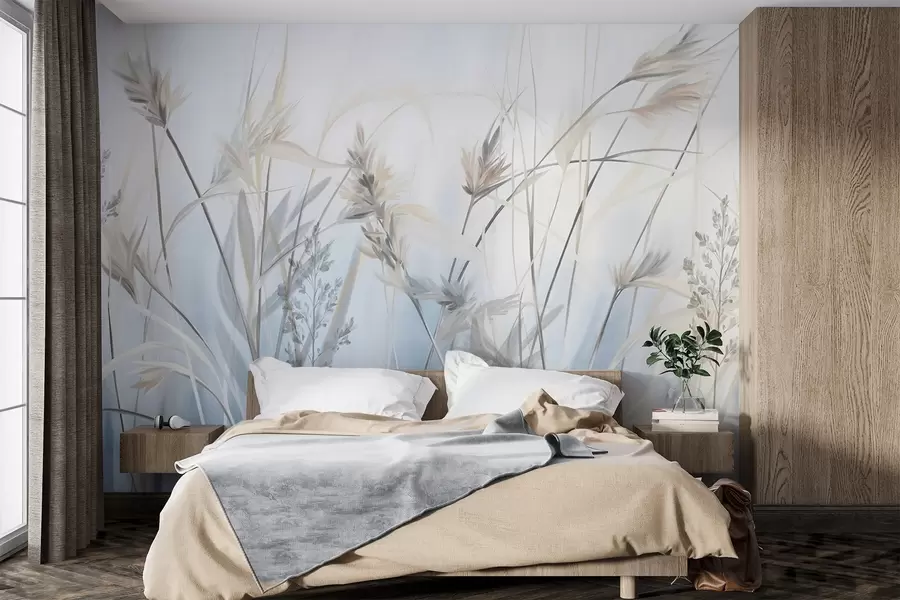 wall murals Високе, суве стабљике траве са пернатим врховима у пригушеним тоновима, мека, магловито плава и бела позадина w09652