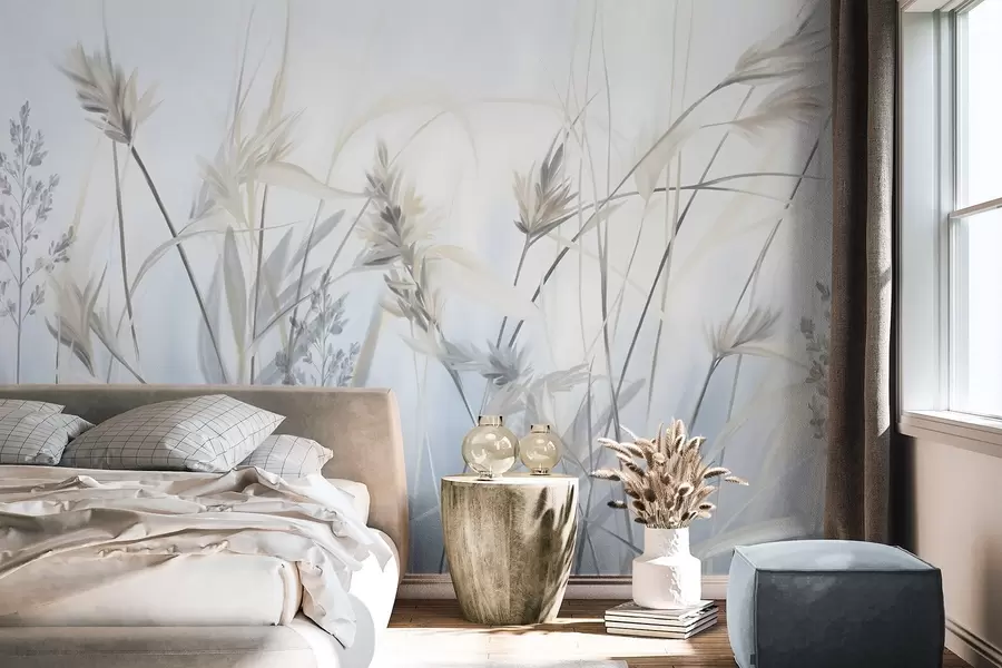 wall murals Високе, суве стабљике траве са пернатим врховима у пригушеним тоновима, мека, магловито плава и бела позадина w09652