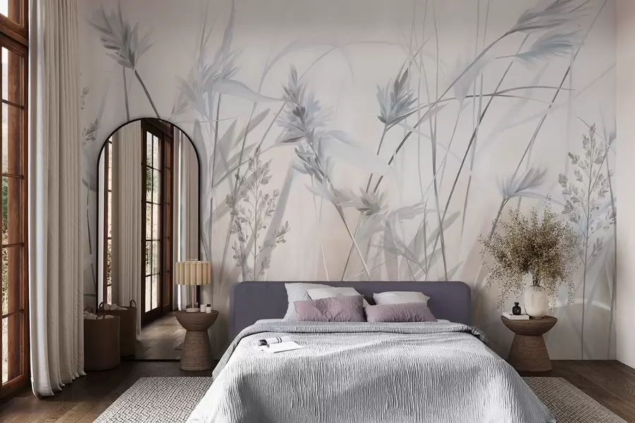 wall murals Високе, суве стабљике траве са пернатим врховима у пригушеним тоновима, мека, магловита бела и беж позадина w09652v1