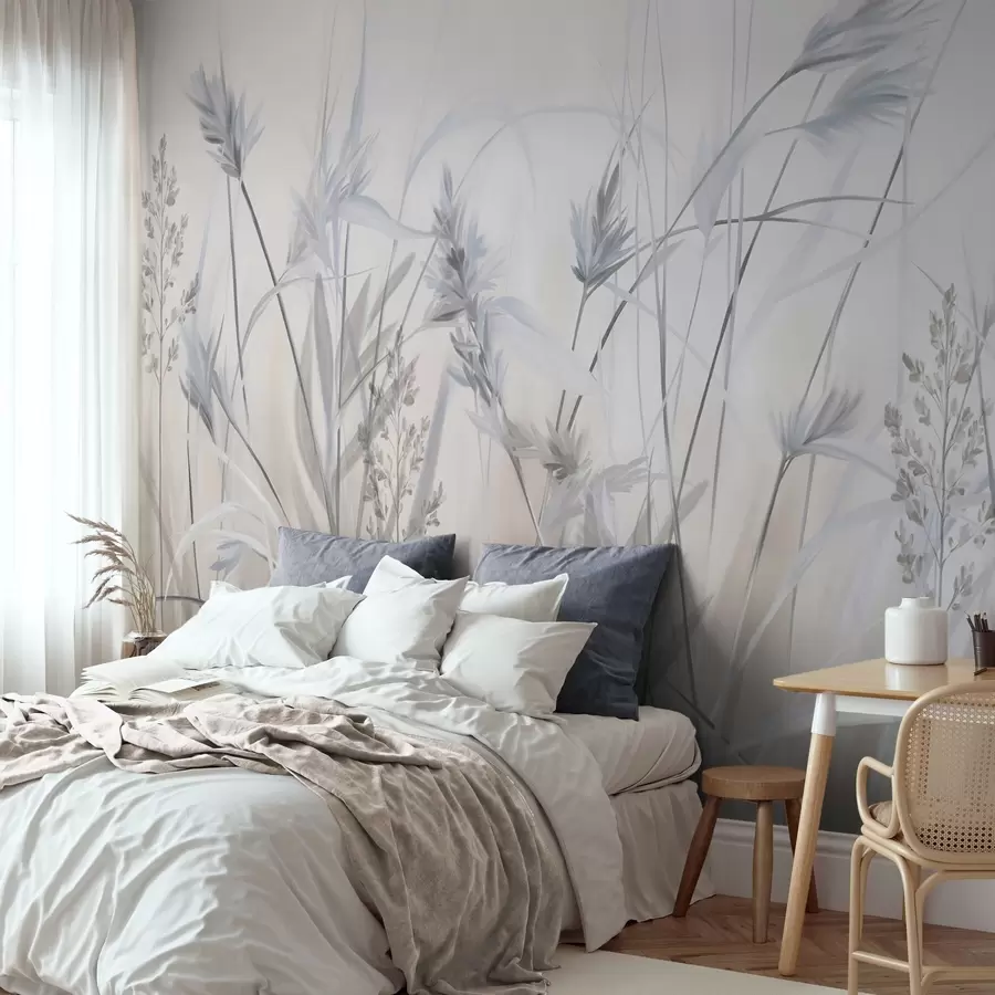 wall murals Високе, суве стабљике траве са пернатим врховима у пригушеним тоновима, мека, магловита бела и беж позадина w09652v1