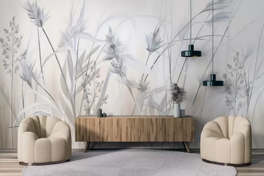 wall murals Високе, суве стабљике траве са пернатим врховима у пригушеним тоновима, мека, магловита бела и беж позадина w09652v1